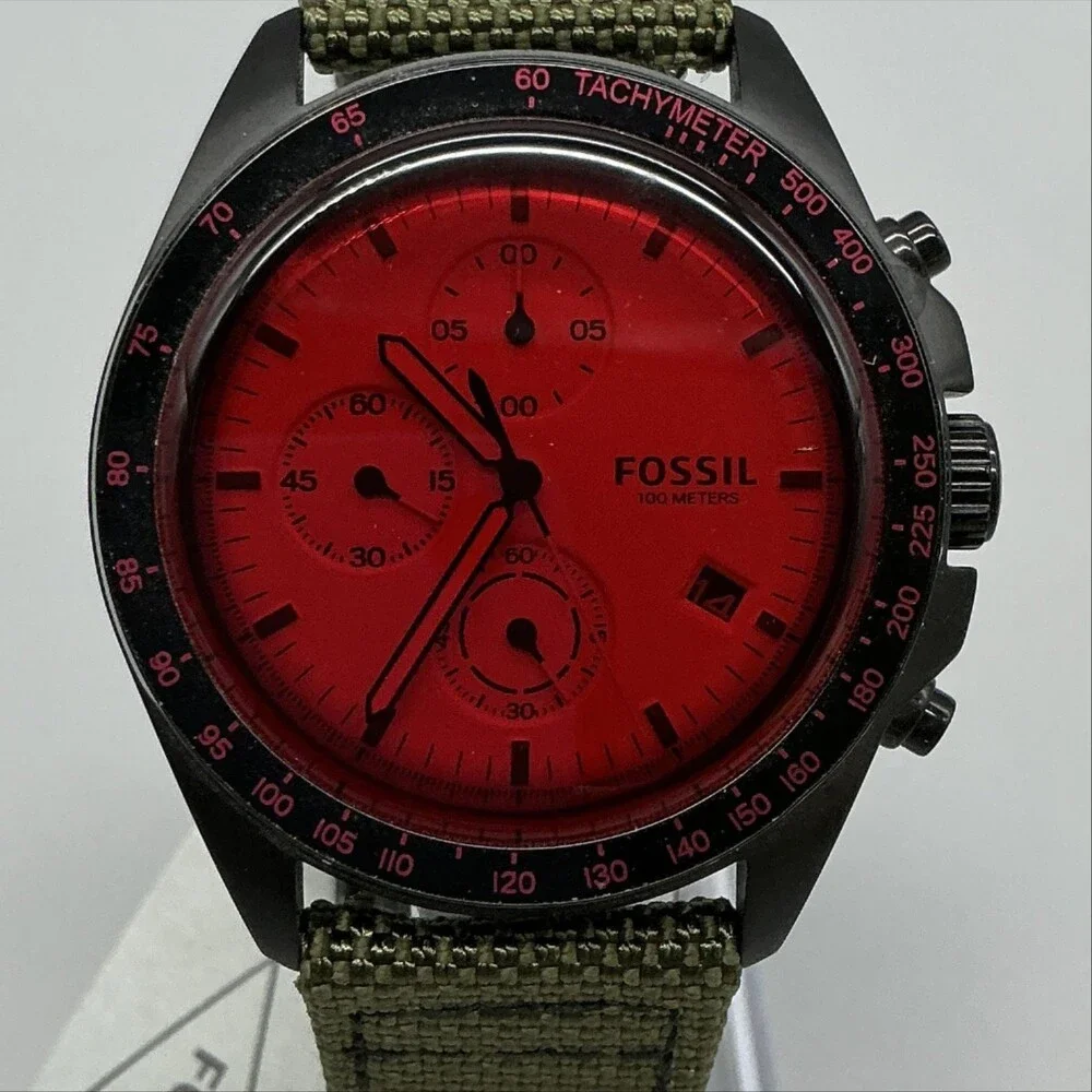 Fossil Mens Watch 44mm Red Dial Green Canvas Leather Chronograph CH3064 New Batt